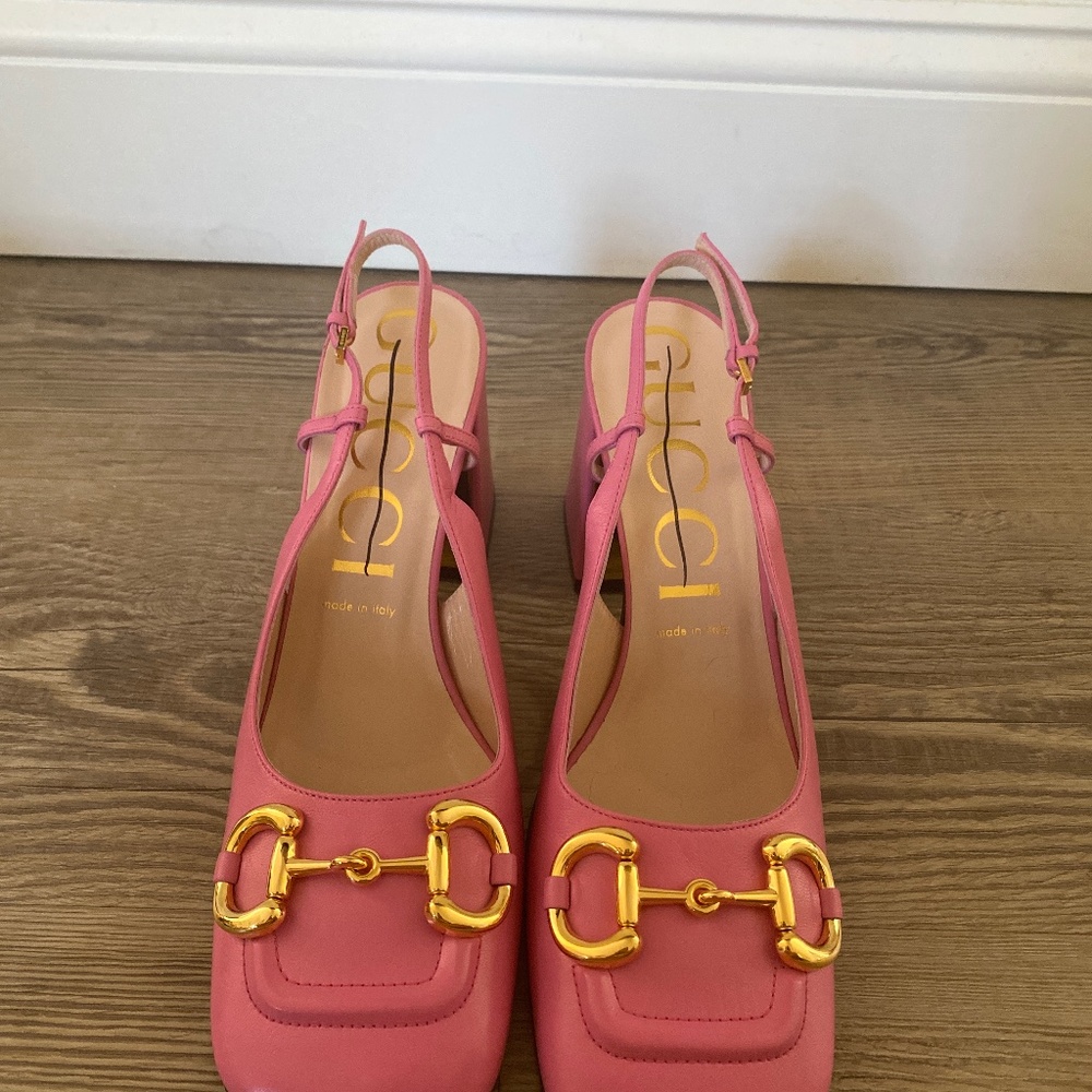 pink tropical horsebit gucci heel